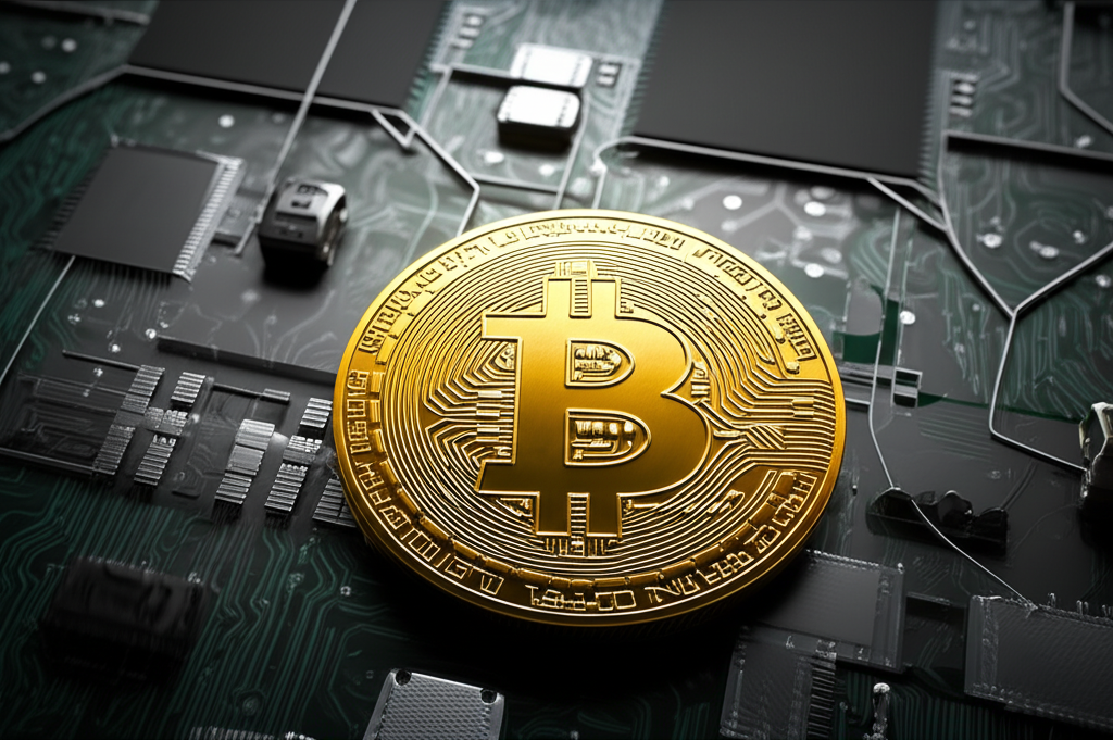 一張顯示比特幣價格上升趨勢的數位圖表，背景有區塊鏈和機構投資元素。
