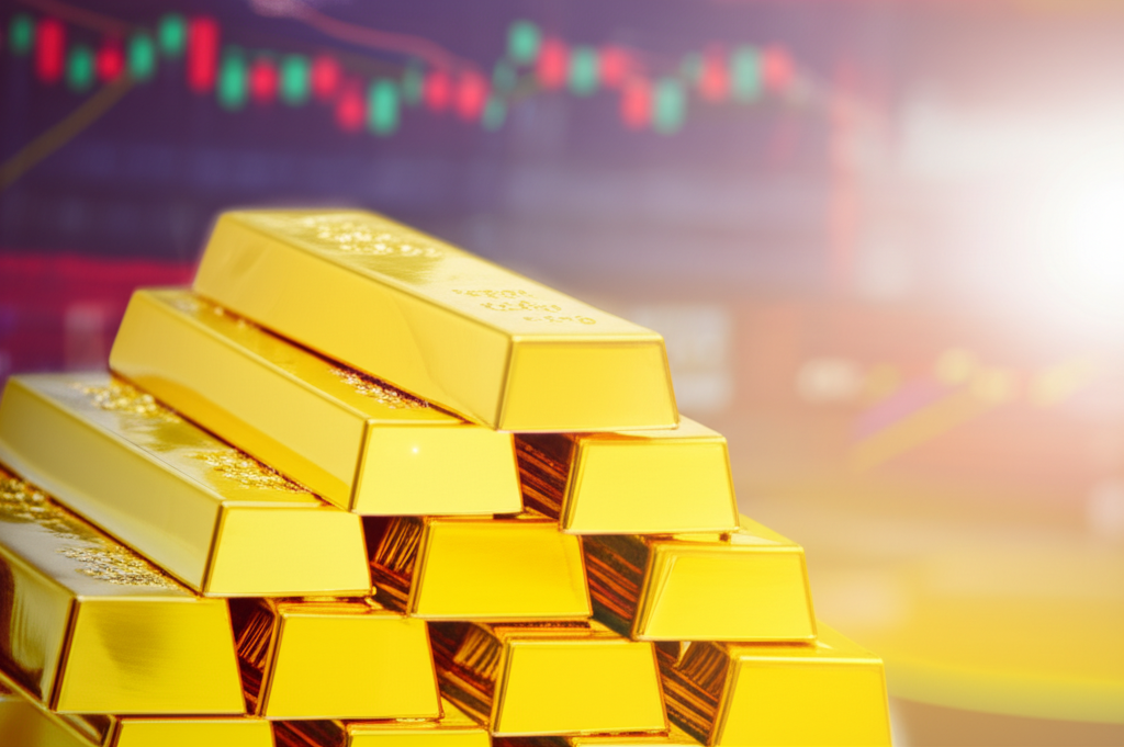 一台筆記型電腦螢幕上顯示著黃金差價合約交易介面，包含即時金價圖表、買賣按鈕和槓桿圖標。