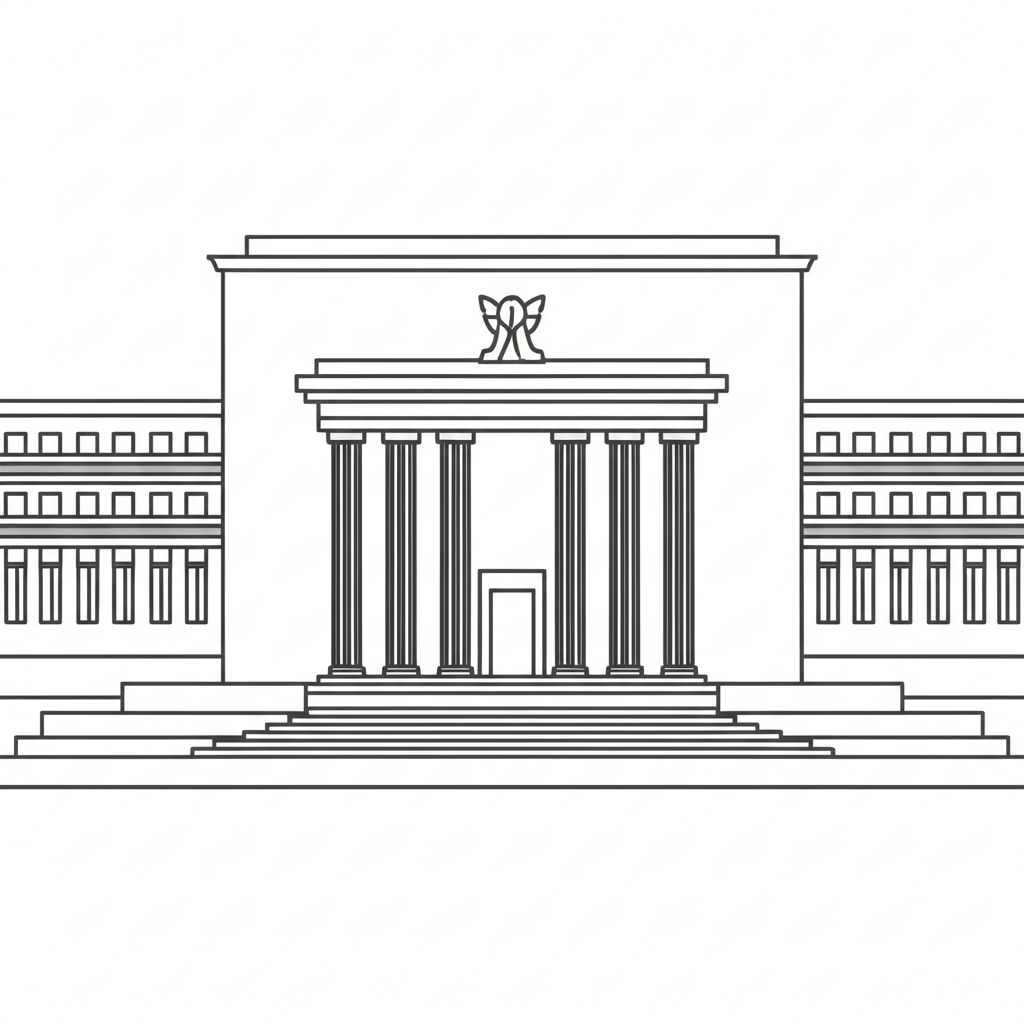 中央銀行建築與齒輪箭頭，象徵貨幣政策與利率決策