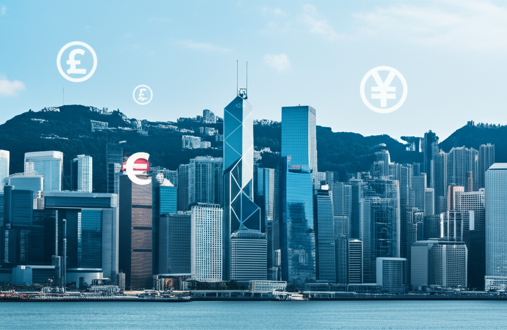 香港天際線與全球貨幣流動意象，象徵國際金融連結